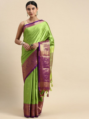 Julee Solid/Plain Banarasi Cotton Silk Saree(Green)
