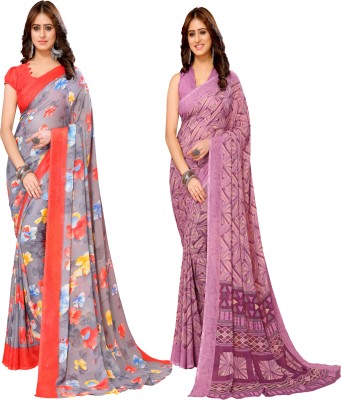 YASHIKA Floral Print Daily Wear Georgette Saree(Pack of 2, Red, Purple, Grey)