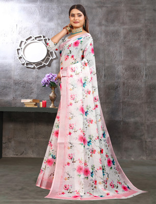 HouseOfCommon Printed Kanjivaram Pure Cotton, Cotton Linen Saree(White)