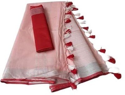 Aamir Fashion Textile Solid/Plain Bhagalpuri Handloom Cotton Linen Saree(Pink)