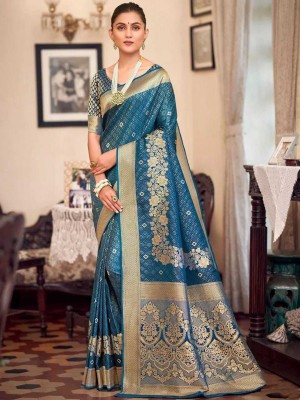 Cuvri Fashion Self Design, Woven, Embellished, Paisley Handloom Pure Silk, Silk Blend Saree(Light Blue)