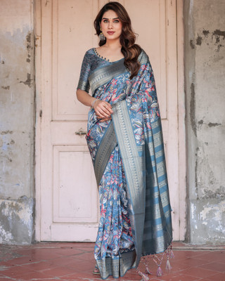 Dhyani Weaves Woven, Printed, Self Design Banarasi Cotton Silk Saree(Blue)