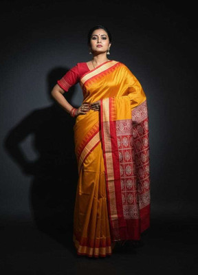 Tilfelle Woven Sambalpuri Silk Blend Saree(Mustard, Red)