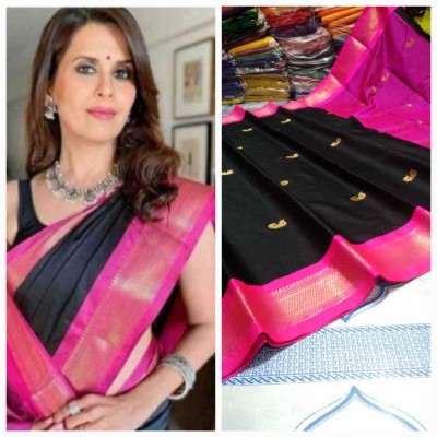 Fab Silk Woven Paithani Cotton Silk Saree(Black, Pink)