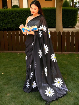 SMRITI BOUTIQUE Printed Handloom Handloom Pure Cotton Saree(Black)