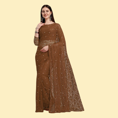NORAFLEX Embroidered Bollywood Net Saree(Brown)