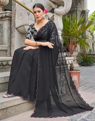 AVANSHEE Self Design, Embroidered, Solid/Plain, Dyed Bollywood Georgette Saree(Black)