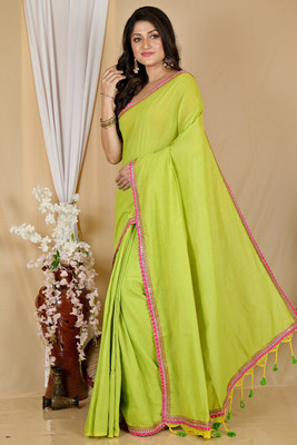 PuJoy Solid/Plain, Embellished, Self Design, Woven Handloom Pure Cotton Saree(Green)