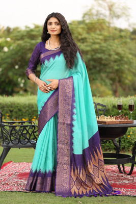 SILKORA Temple Border, Digital Print, Self Design Bollywood Cotton Silk Saree(Blue)