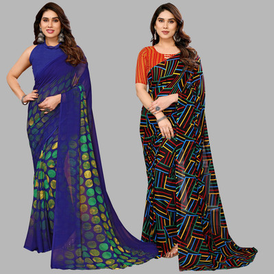 kashvi sarees Self Design, Printed Daily Wear Georgette Saree(Pack of 2, Blue, Multicolor)