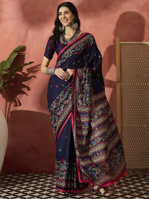 Sangria Woven Saree with Attached Blouse Jute Silk Saree(Dark Blue)