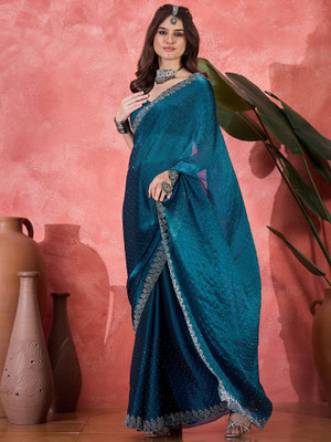 Vichitra Embellished Bollywood Silk Blend Saree(Blue)