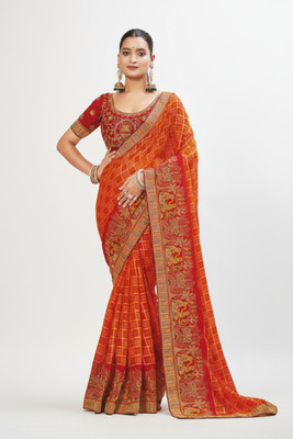 Drapasya Embroidered, Floral Print, Printed, Woven Handloom Pure Silk Saree(Orange)