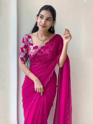 Mionas Solid/Plain, Embroidered Bollywood Georgette Saree(Pink)