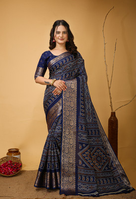 Varda Woven, Self Design Bandhani Cotton Silk Saree(Dark Blue)