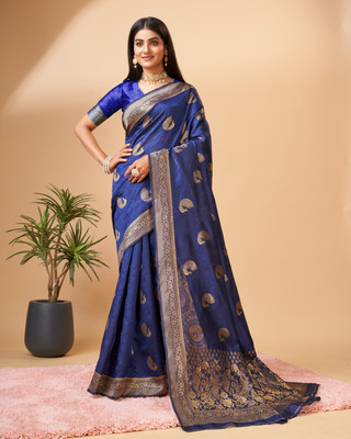 DEAR BUNNY Woven Banarasi Jacquard, Silk Blend Saree(Blue)