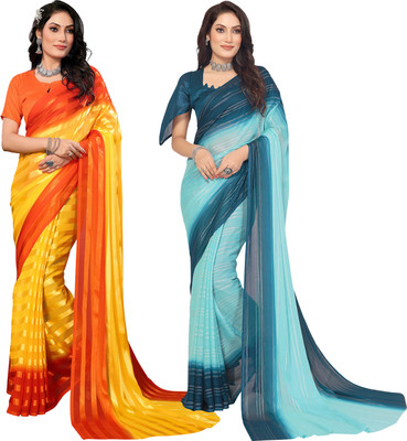 Moda Rapido Self Design, Striped, Ombre Bollywood Satin Saree(Pack of 2, Yellow, Orange)