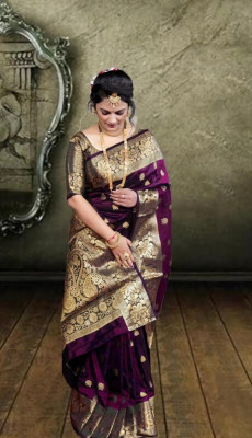 Om Creation Self Design Banarasi Silk Blend Saree(Purple)