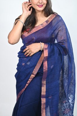 Biyahuti Woven Handloom Linen Saree(Blue)