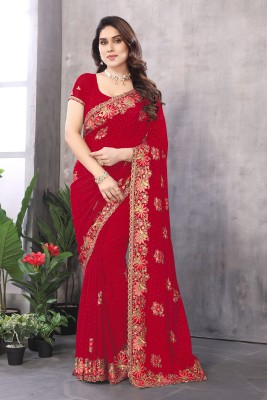 MIYANIFAB Embroidered Bollywood Georgette Saree(Red)