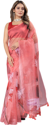 VERCO Floral Print Bollywood Organza Saree(Orange)