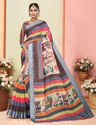 Gajal Printed Kanjivaram Pure Cotton, Cotton Linen Saree(Orange)