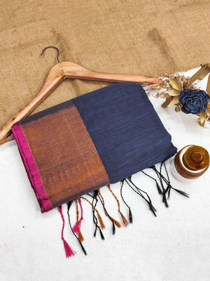 ROOP LAVANYA Woven Banarasi Khadi, Cotton Linen Saree(Dark Green)