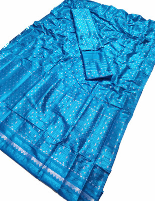Skiran's Printed Mekhela Chador Polyester Saree(Light Blue)