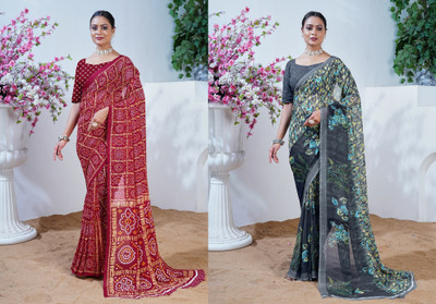 maayro Printed Bollywood Georgette Saree(Pack of 2, Maroon, Grey)