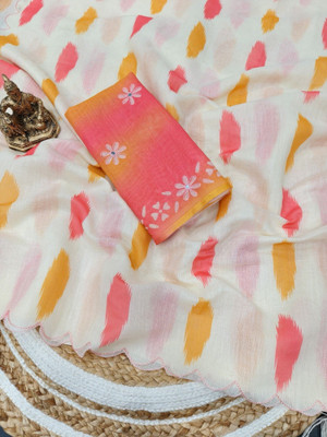 TANURI Printed, Floral Print, Embroidered Bollywood Cotton Linen Saree(Orange)