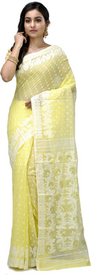 NihaRika Collections Woven Jamdani Cotton Blend Saree(Yellow)