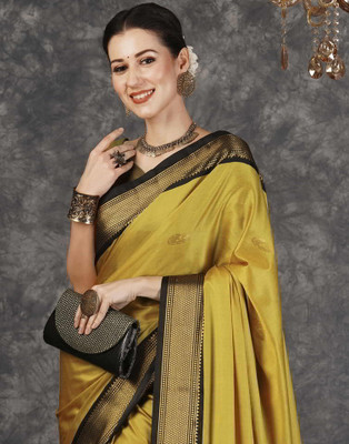 yourwish Woven, Checkered Banarasi Cotton Silk Saree(Mustard)