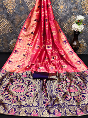 THIRA Woven Baluchari Silk Blend Saree(Dark Green)
