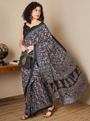 Divastri Digital Print Hand Batik Silk Blend Saree(Black)