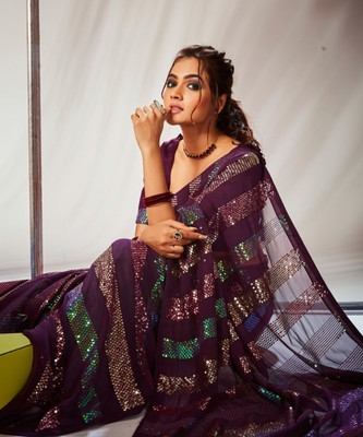 Clemira Embroidered Bollywood Georgette Saree(Purple)