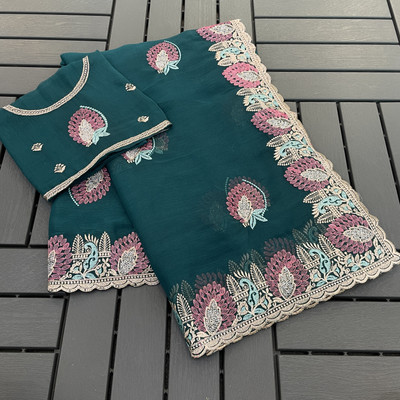 MIYANIFAB Embroidered Bollywood Silk Blend Saree(Dark Green)