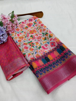 HouseOfCommon Woven Kanjivaram Linen Saree(Pink, White)