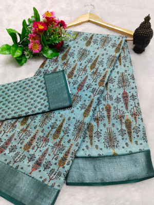 HouseOfCommon Woven, Printed Kanjivaram Pure Cotton, Cotton Linen Saree(Light Blue)