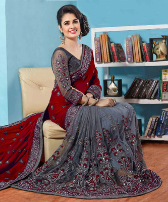 b bella creation Embellished Bollywood Net Saree(Maroon, Grey)