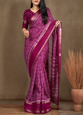 AnticHub Printed Dokhona Cotton Blend Saree(Purple, White)