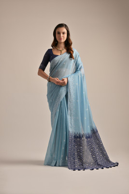 PeachPetals Woven, Self Design Banarasi Cotton Silk Saree(Light Blue)