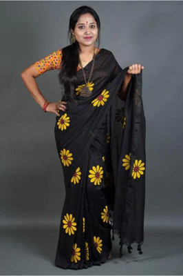 TutunDebnath Hand Painted Handloom Cotton Blend Saree(Black)