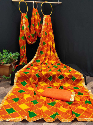 Classy Foriever Printed Bollywood Georgette Saree(Green, Orange, Yellow)