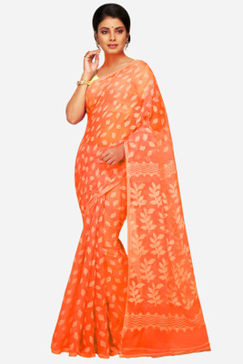 Mystory Woven Jamdani Handloom Cotton Blend Saree(Orange, White)
