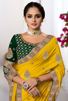 shyamlata Embroidered, Embellished Bollywood Silk Blend Saree(Yellow)