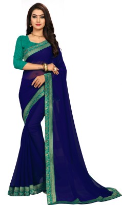 sadika Solid/Plain, Embellished Bollywood Georgette, Chiffon Saree(Dark Blue, Green)