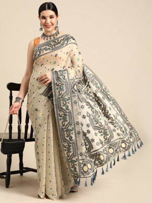 Divastri Woven Jamdani Pure Cotton Saree(Black)