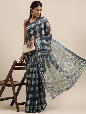 Divastri Printed Ikkat Cotton Blend Saree(Grey)