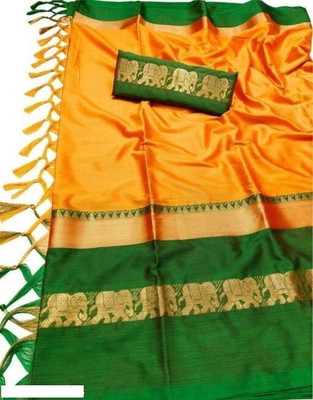 ParshviFashion Woven Dharmavaram Cotton Silk Saree(Green, Yellow)