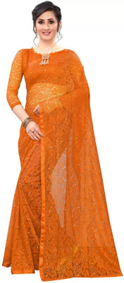 Nilkanthvarni Creation Self Design Bollywood Net Saree(Orange)